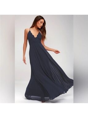 Lulu's Navy Scalloped Lace V-Neck Maxi Dress